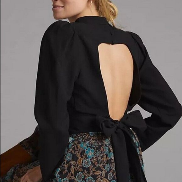 Anthropologie Maeve 16 NWT Black Open-Back Blouse Top Bow Tie back - Picture 2 of 6